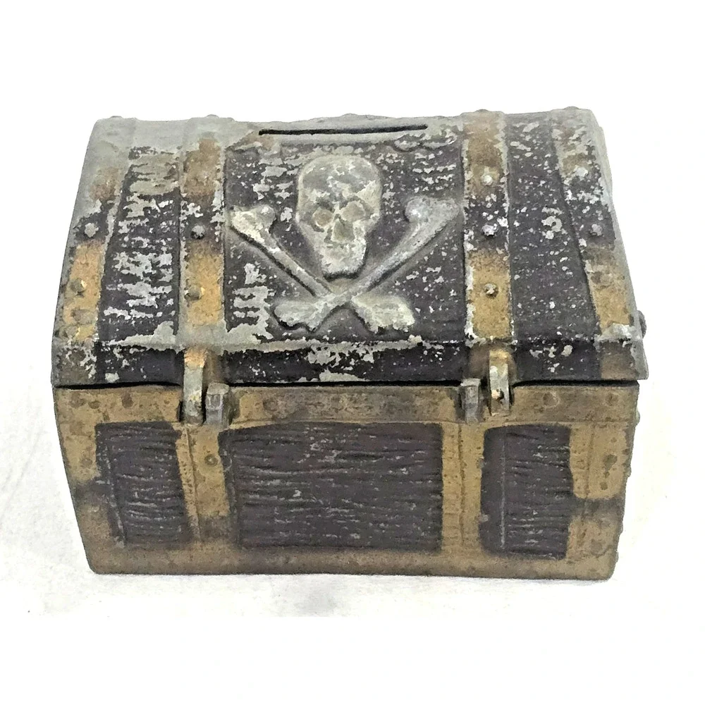 Vintage E.J. Kahn Cast Metal Pirate Treasure Chest Bank